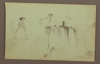 Ein gehendes Mädchen, ein kauerndes Huhn und die amerikanischen Fälle am Niagara-Fluss von Frederic Edwin Church