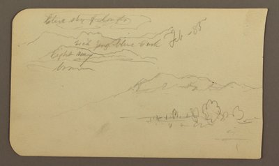 Zeichnung, Gebirgsketten, Cuautla, Kirche; Rückseite: Kauerndes Pferd, Landschaftsnotizen, Februar 1885 von Frederic Edwin Church