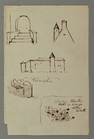 Zeichnung, Treppen, Dach mit Turm, Steinmauer, möglicherweise 1869 von Frederic Edwin Church