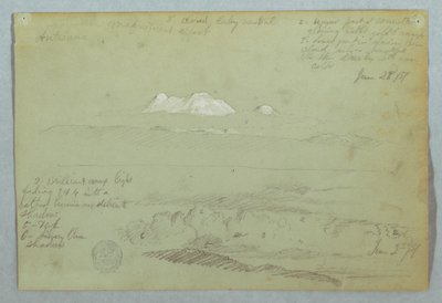 Ansichten des Artisana-Vulkans von oder nahe Quito und ein bewölkter Himmel über einem Bergrücken, Ecuador, 23. Juni 1857 von Frederic Edwin Church