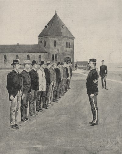 Eine erste Lektion in der Kriegskunst. Rekruten für die zwei zusätzlichen Artillerieregimenter in Fort Slocum, Davids Island, Long Island Sound von Frederic Remington