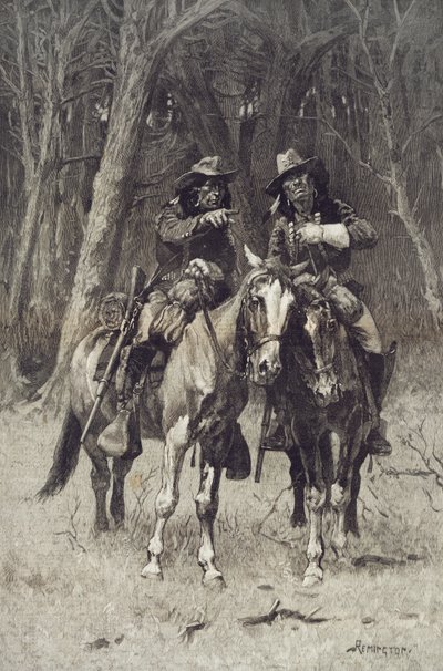 Cheyenne-Scouts patrouillieren im großen Wald des Nordkanadiers, Oklahoma, 6. April von Frederic Remington