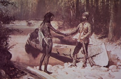 Französisch-Kanadischer Pelzhändler im Geschäft mit einem Ureinwohner, späte 19. Jahrhundert (Farblithografie) von Frederic Remington