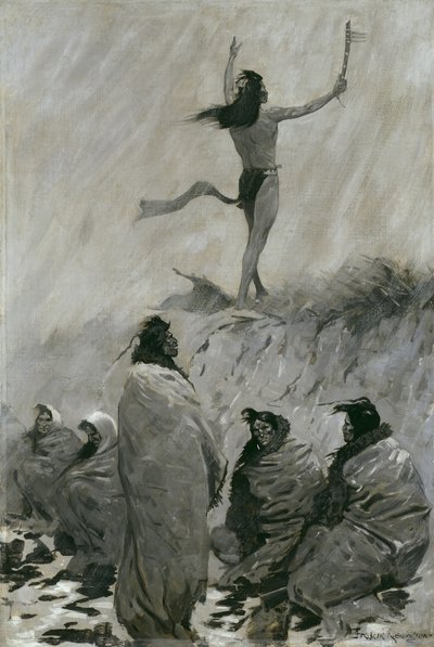 Der Feuerschlucker hob seine Arme zum Donnervogel von Frederic Remington