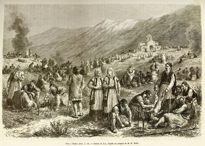 Ein Fest in Theben, das der Fastenzeit der Jungfrau, das alle Einwohner der Stadt und der Umgebung zusammenbringt, jede Familie schlachtet ein Schaf für den Anlass, im Vordergrund bereiten Männer das Tier vor dem Kochen vor. Gravur nach der Zeichnung von Frederic Theodore Lix