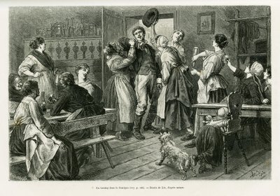 Ein Hirtztag, eine Art Karneval, bei dem alles für Frauen erlaubt ist, im Sundgau. Gravur von Lix zur Illustration der Geschichte „Durch Elsass und Lothringen“ von Charles Grad, veröffentlicht in Le Tour du monde 1886 von Frederic Theodore Lix