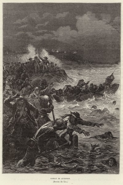 Kampf von Quiberon. Unterstützer der Chouannerie und des Vendée-Aufstands versuchen, den republikanischen Kräften in Quiberon, Frankreich, Französische Revolution zu entkommen von Frederic Theodore Lix