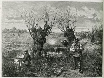 Hasenjagd. Gravur von F. Lix, zur Illustration der Geschichte "Durch Elsass und Lothringen" von 1884, von Charles Grad von Frederic Theodore Lix