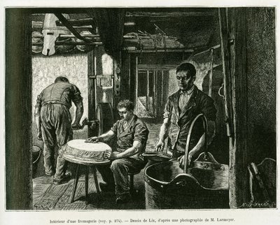 In einer Käserei. Gravur von Lix zur Illustration der Geschichte „Durch Elsass und Lothringen“ von Charles Grad, veröffentlicht in Le Tour du monde 1887 von Frederic Theodore Lix