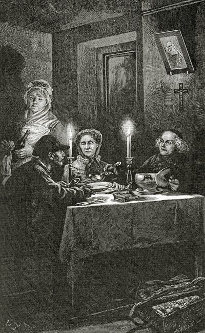 Jean Valjean wird von Bischof Myriel empfangen und versorgt, 19. Jahrhundert von Frederic Theodore Lix