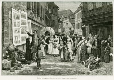 Klageliedersänger in den Straßen von Barr. Gravur von Lix zur Illustration der Geschichte „Durch Elsass und Lothringen“ von Charles Grad, veröffentlicht in Le Tour du monde 1888 von Frederic Theodore Lix