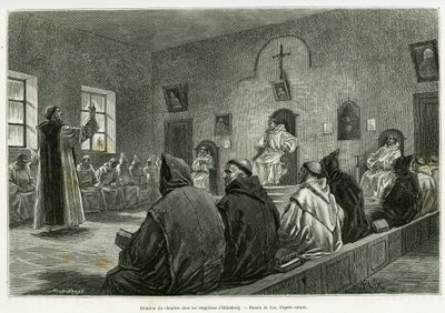 Versammlung des Kapitels unter den Trappisten von Oelenberg. Gravur von Lix zur Illustration der Geschichte „Durch Elsass und Lothringen“ von Charles Grad, veröffentlicht in Le Tour du monde 1887 von Frederic Theodore Lix