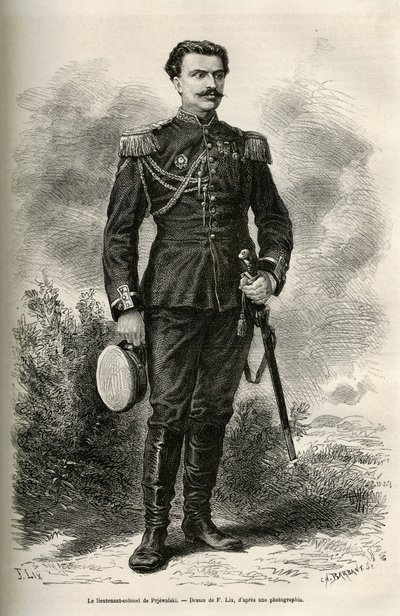 Porträt des Reisenden und Erzählers Oberstleutnant von Prjewalski, Zeichnung von F. Lix, um die Reise nach Mongolei und das Land der Tanguten von 1870 bis 1873 von Oberstleutnant von Prjewalski zu illustrieren. Gravur in Le tour du monde von Frederic Theodore Lix