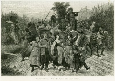 Rückkehr der Ernte. Gravur von Lix zur Illustration der Geschichte „Durch Elsass und Lothringen“ von Charles Grad, veröffentlicht in Le Tour du monde 1888 von Frederic Theodore Lix