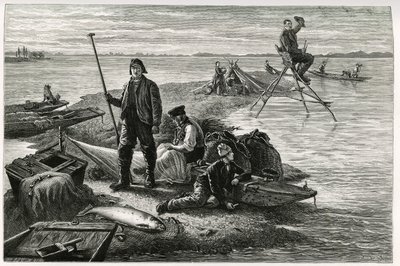 Lachsfang. Gravur von F. Lix, zur Illustration der Geschichte „Durch Elsass und Lothringen“ von Charles Grad (1842-1890), veröffentlicht in Le Tour du monde, 2. Semester 1885 von Frederic Theodore Lix