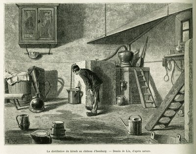 Die Destillation des Kirschs im Schloss von Isenburg. Gravur von Lix zur Illustration der Geschichte A Travers l