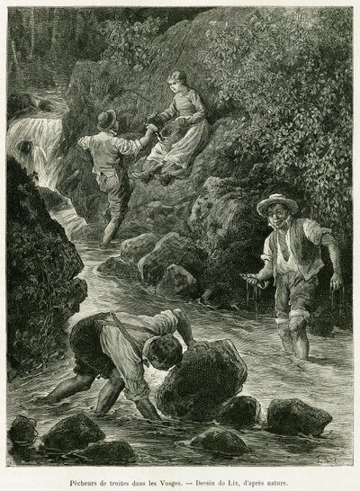 Forellenfischer in den Vogesen. Gravur von Lix zur Illustration der Geschichte „Durch Elsass und Lothringen“ von Charles Grad, veröffentlicht in Le Tour du monde 1887 von Frederic Theodore Lix