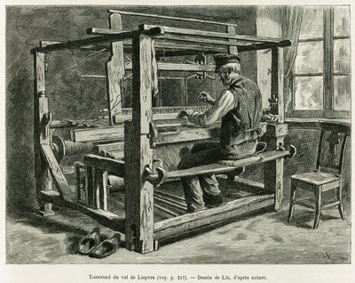 Weber im Liepvre-Tal. Gravur von Lix zur Illustration der Geschichte „Durch Elsass und Lothringen“ 1887, von Charles Grad, deutscher Abgeordneter, in Le Tour du monde 1888, herausgegeben von Edouard Charton (1807-1890), Hachette, Paris. von Frederic Theodore Lix