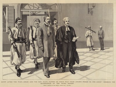 Ägypten nach dem Krieg, Arabi und der ehrenwerte Mark Napier auf dem Weg vom Gefängnis Arabi zum Gericht, überqueren den Innenhof der Daira Sanieh von Frederic Villiers