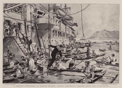 Ein britisches Schlachtschiff in samoanischen Gewässern, einheimische Händler tauschen Obst und Gemüse von Frederic de Haenen