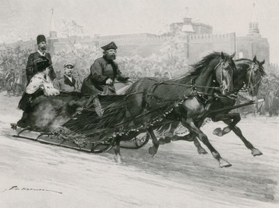 Ein Schlitten mit blauem Seidennetz, um den Schnee von den Insassen fernzuhalten, der Kreml im Hintergrund von Frederic de Haenen