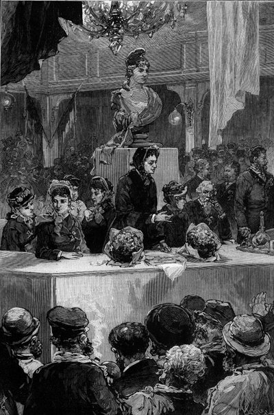 Vortrag von Louise Michel (1830-1905), Graffard-Saal in Paris, 30. November 1880. Gravur von de Haenen in „Das illustre Universum“ Nr. 1237 vom 11. Dezember 1880. von Frederic de Haenen