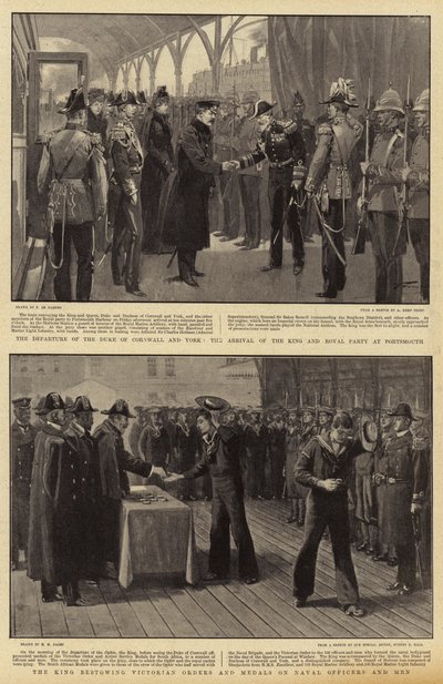 Die Abreise des Herzogs von Cornwall und York, die Ankunft des Königs und der königlichen Gesellschaft in Portsmouth, der König verleiht viktorianische Orden und Medaillen an Marineoffiziere und -männer von Frederic de Haenen