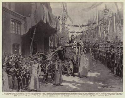 Die Königin von Holland und Prinz Heinrich im Staatswagen, Ankunft an der Groote Kerke von Frederic de Haenen