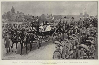 Die Überprüfung der kolonialen Krönungskontingente auf der Horse Guards Parade, die Kutsche der Königin fährt die Linie entlang von Frederic de Haenen