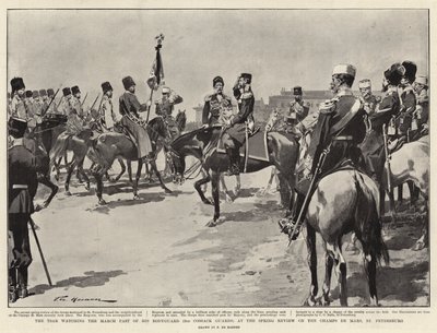 Der Zar beobachtet den Vorbeimarsch seiner Leibgarde (2. Kosaken-Garde) bei der Frühjahrsparade auf dem Marsfeld, St. Petersburg von Frederic de Haenen