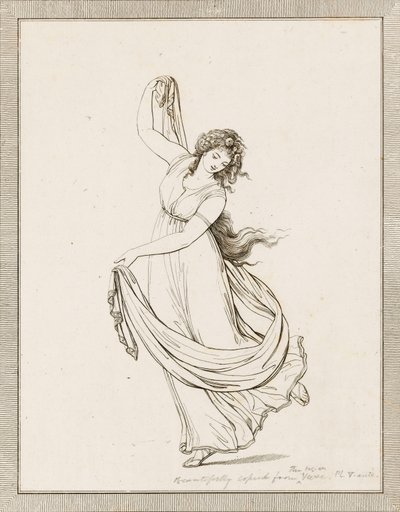 Emma, Lady Hamilton, in einer klassischen Pose, tanzend und auf ihrem rechten Fuß balancierend von Frederich (after) Rehberg