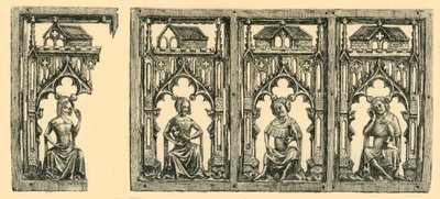 Ritter und Damen unter Baldachinen sitzend, durchbrochenes Elfenbeinpanel, Mitte-spätes 14. Jahrhundert, 1881 von Frederick Albert Slocombe