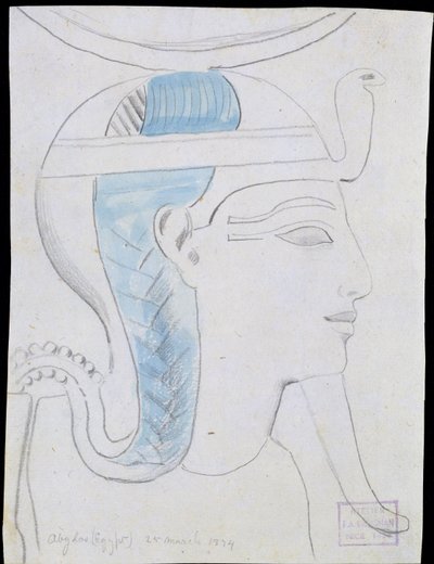 Studie eines Reliefs des Kopfes des Gottes Khonsu im Tempel von Seti I, Abydos, 1874 (Bleistift und Aquarell auf Papier) von Frederick Arthur Bridgman