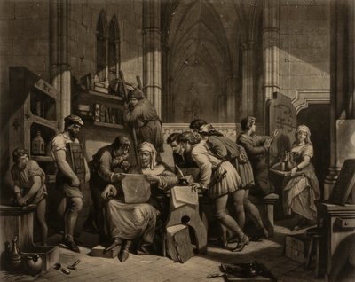 William Caxton--Erste Korrekturabzug von seiner Druckerpresse in der Westminster Abbey, A.D. 1474 von Frederick Bacon