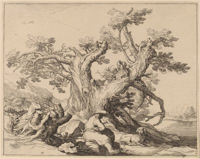 Ein Mann und sein Hund ruhen sich an einem großen Baum aus von Frederick Bloemaert after Abraham Bloemaert