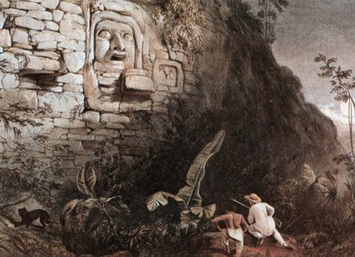 Jäger und sein Führer vor dem Maya-Kopf von Itzam Na von Frederick Catherwood