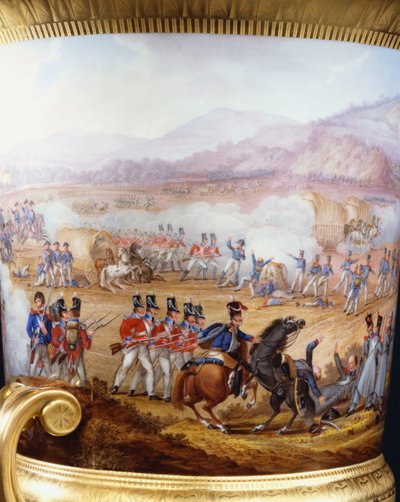Detail eines Berliner Goldgrund schlanken Campana-Vase und Sockel des Wellington-Service-Typs, datiert 1817, bemalt mit einer Szene der Schlacht von Vittoria, 1817 von Frederick Christian Lewis