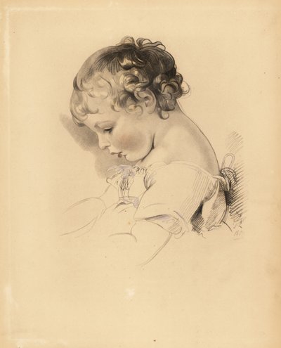 Porträt von Henry Bloxam, Neffe von Sir Thomas Lawrence. Junge in Kleid mit blauer Schleife. Handkolorierter Stich von Frederick Christian Lewis nach einer Illustration von Sir Thomas Lawrence aus P.G. Patmores Cabinet of Gems, Ackermann, London von Frederick Christian Lewis