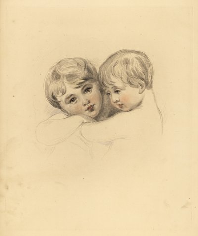 Porträt der Calmeady-Kinder in einer Umarmung. Handkolorierte Gravur von Frederick Christian Lewis nach einer Illustration von Sir Thomas Lawrence aus P.G. Patmore