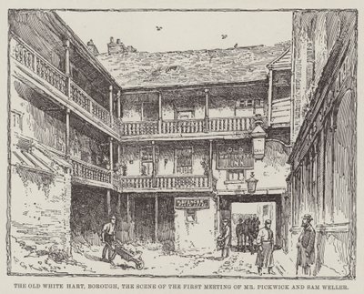 Das alte Weiße Hart, Borough, der Schauplatz des ersten Treffens von Mr. Pickwick und Sam Weller von Frederick George Kitton