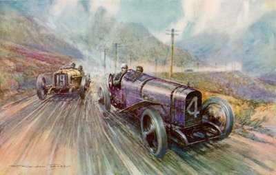 K Lee Guinness mit dem Sunbeam im zweitägigen 600-Meilen-Tourist-Trophy-Rennen auf der Isle of Man, das er mit 56,44 mph gewann (Farblithografie) von Frederick Gordon (after) Crosby