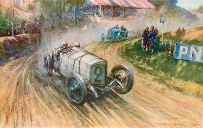 Lautenschlager mit dem deutschen Mercedes und Boillot mit dem französischen Peugeot in ihrem großen Kampf während des Grand Prix 1914 von Frederick Gordon (after) Crosby