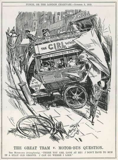 Die große Tram gegen Motorbus Frage von Frederick Henry Townsend