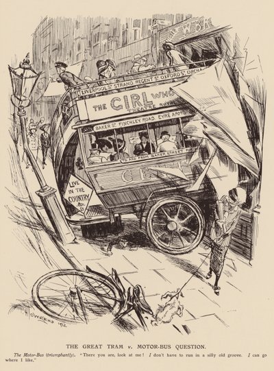 Die große Straßenbahn gegen Motorbus Frage von Frederick Henry Townsend