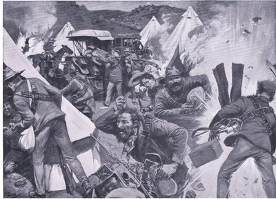 Buren plündern das britische Lager in Nooitgedacht unter Artilleriefeuer, aus After Pretoria: Der Guerillakrieg veröffentlicht von Harmsworth Bros Limited, 1901 von Frederick Judd Waugh