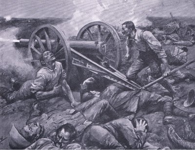 Die Verteidigung von Dewetsdorp: Bedienung einer 15-Pfünder-Kanone im Alleingang, Illustration aus After Pretoria: The Guerilla War, 1902 von Frederick Judd Waugh