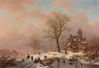 Winterlandschaft mit Figuren, die auf dem Eis spielen, 1868 von Frederick Marianus Kruseman