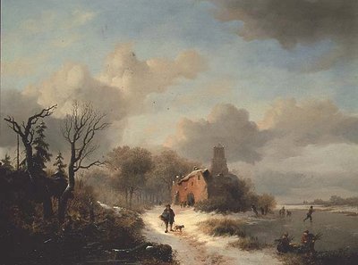Winterlandschaft mit Bauer und Figuren auf Eis von Frederick Marianus Kruseman