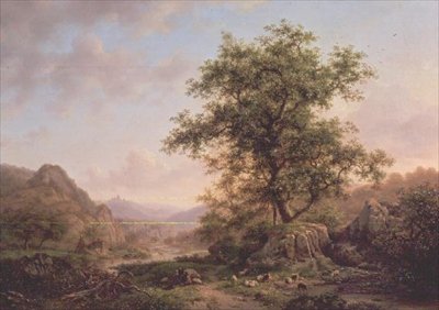 Waldlandschaft mit Bauern und Tieren auf einem Pfad von Frederick Marianus Kruseman
