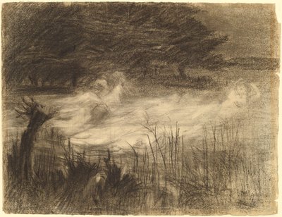 Frau schwebt in einem Fluss, begleitet von mehreren weiblichen Geistern von Frederick Trapp Friis